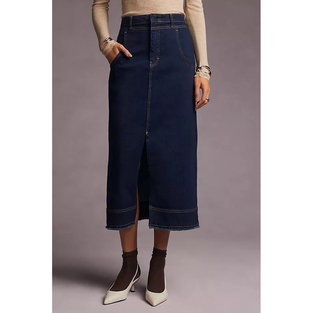 Pilcro Slit Front Denim Midi Skirt Womens 14 Blue Dark Wash Frayed Hem Chic